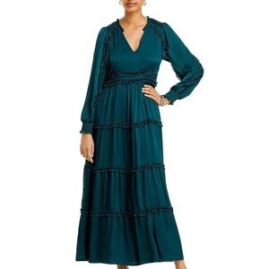 NWT KOKO + MASON Long Sleeve V-Neck Ruffle Detail Lined Maxi Dress Size Small